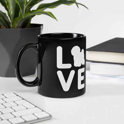“Glossy black mug with white ‘Bichon Frise Love’ silhouette design – perfect Valentine’s Day gift for dog lovers, romantic and stylish drinkware for Bichon Frise owners and beyond.”