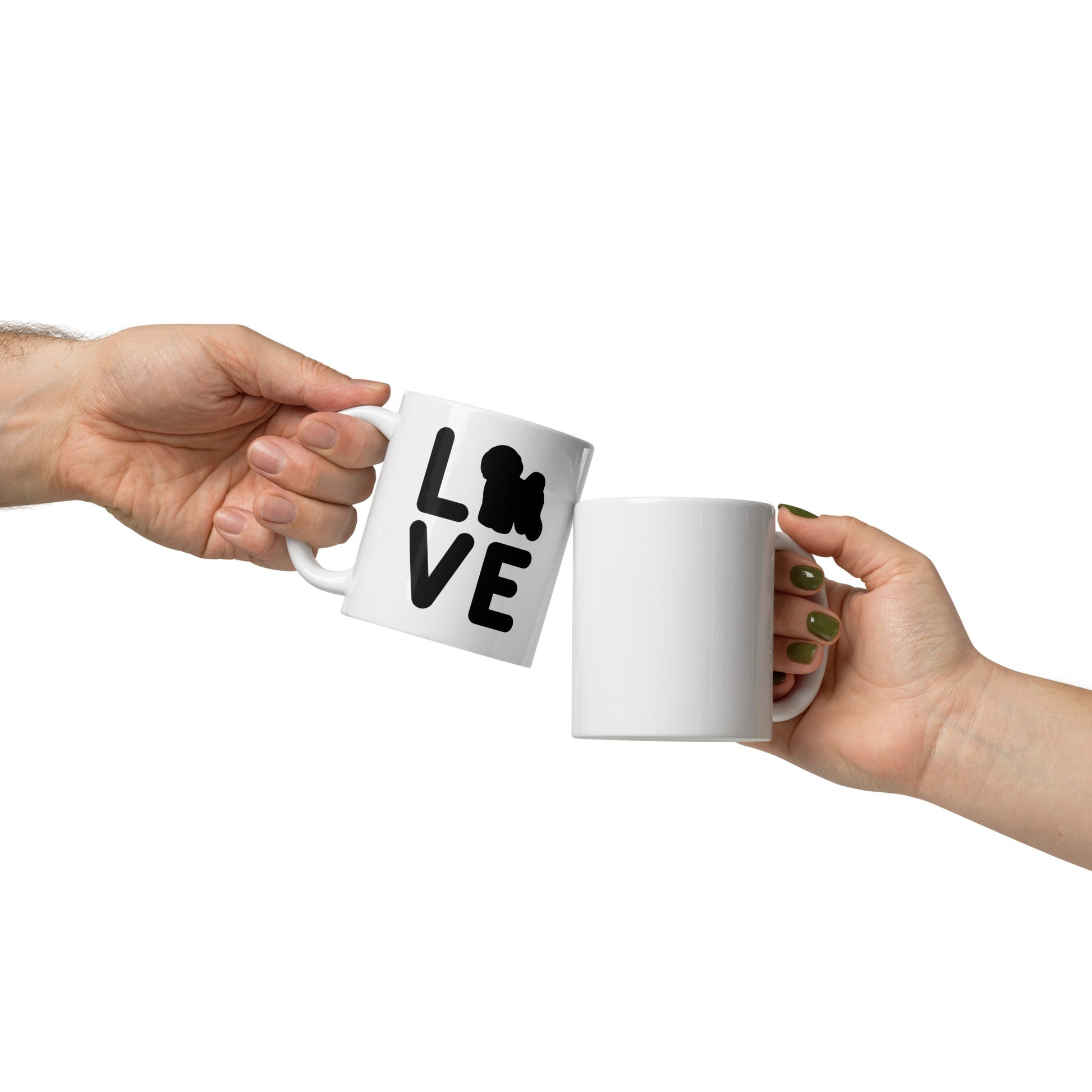 "White glossy mug with 'Bichon Frise Love' black silhouette design – perfect Valentine's Day gift for Bichon Frise dog lovers and owners"