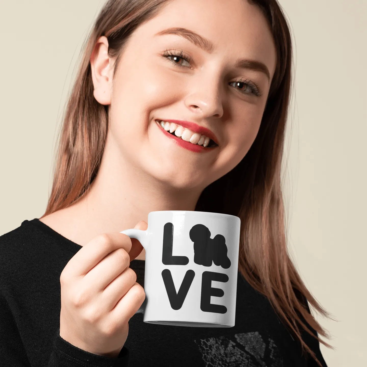"White glossy mug with 'Bichon Frise Love' black silhouette design – perfect Valentine's Day gift for Bichon Frise dog lovers and owners"