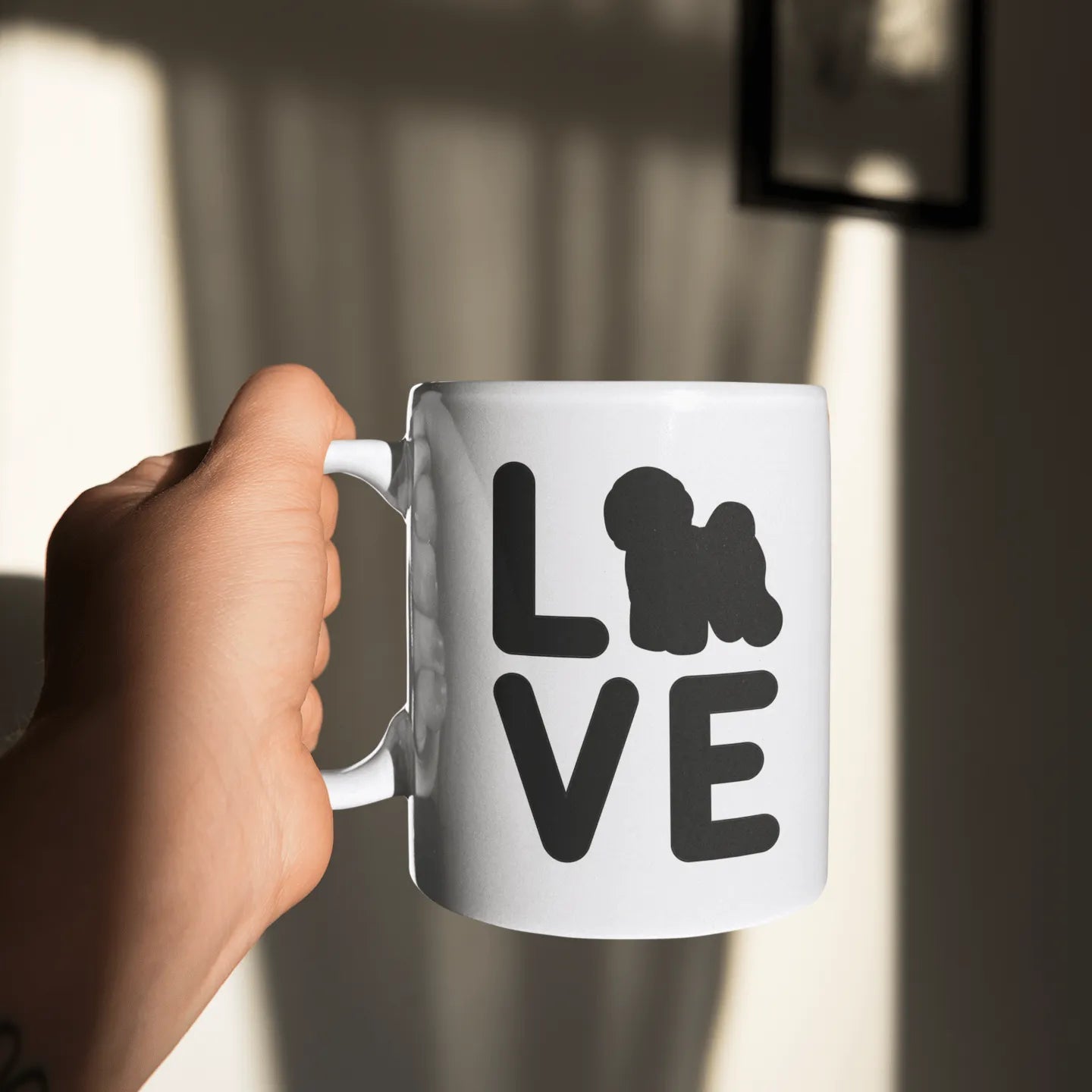 "White glossy mug with 'Bichon Frise Love' black silhouette design – perfect Valentine's Day gift for Bichon Frise dog lovers and owners"