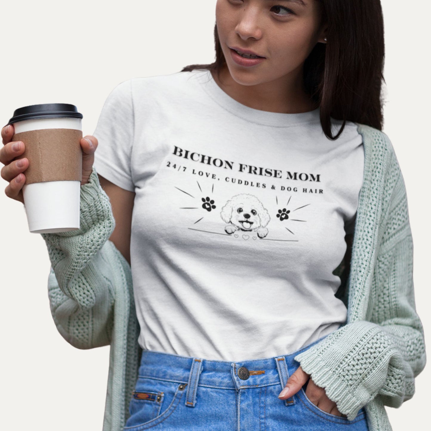 Bichon Frise Mom T-shirt – 24/7 love, cuddles and dog hair design, perfect gift for proud dog moms and Bichon lovers.