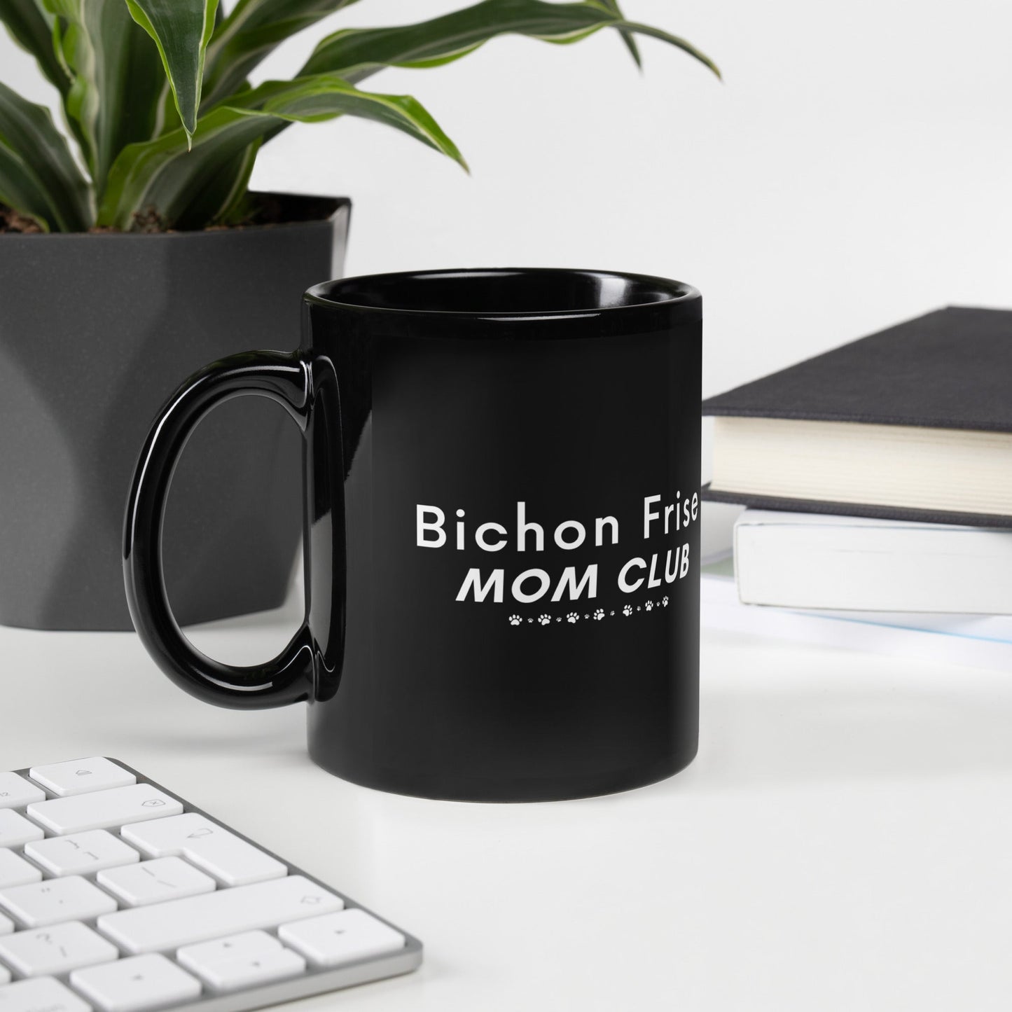 "Black glossy mug with white 'Bichon Frise Mom Club' text – perfect Mother's Day gift for Bichon Frise dog owners, unique and festive design."