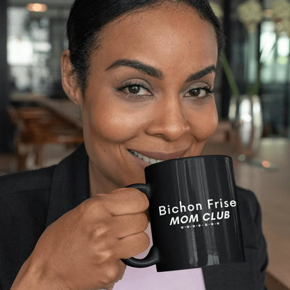 "Black glossy mug with white 'Bichon Frise Mom Club' text – perfect Mother's Day gift for Bichon Frise dog owners, unique and festive design."
