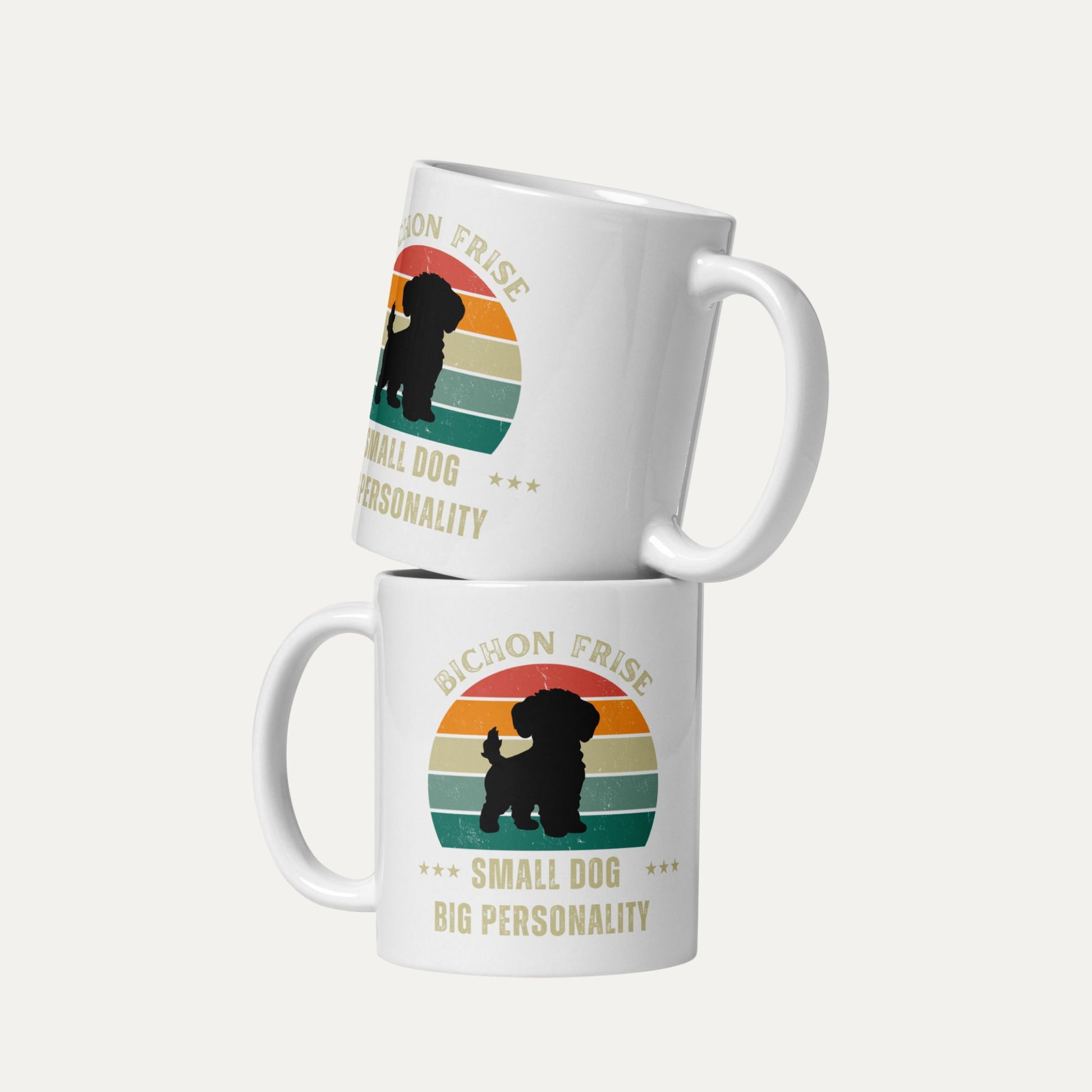 Two white ceramic mugs with retro design featuring a Bichon Frise silhouette and the text Small Dog Big Personality – funny vintage style dog lover mug