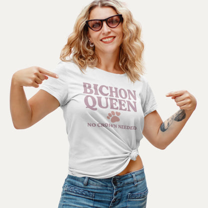 Retro-style design that reads "Bichon Queen – No Crown Needed" in dusty rose text with a cute paw print and heart. Perfect for dog lovers and Bichon Frise fans.
