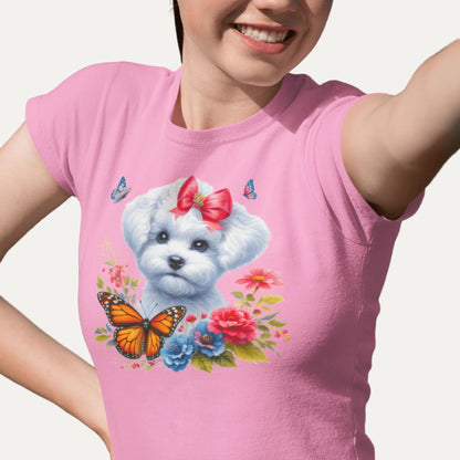 Bichon Frise With Flowers And Butterflies-Unisex Bichon Frise T-Shirt for Dog Owners