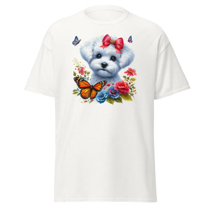 Bichon Frise With Flowers And Butterflies-Unisex Bichon Frise T-Shirt for Dog Owners