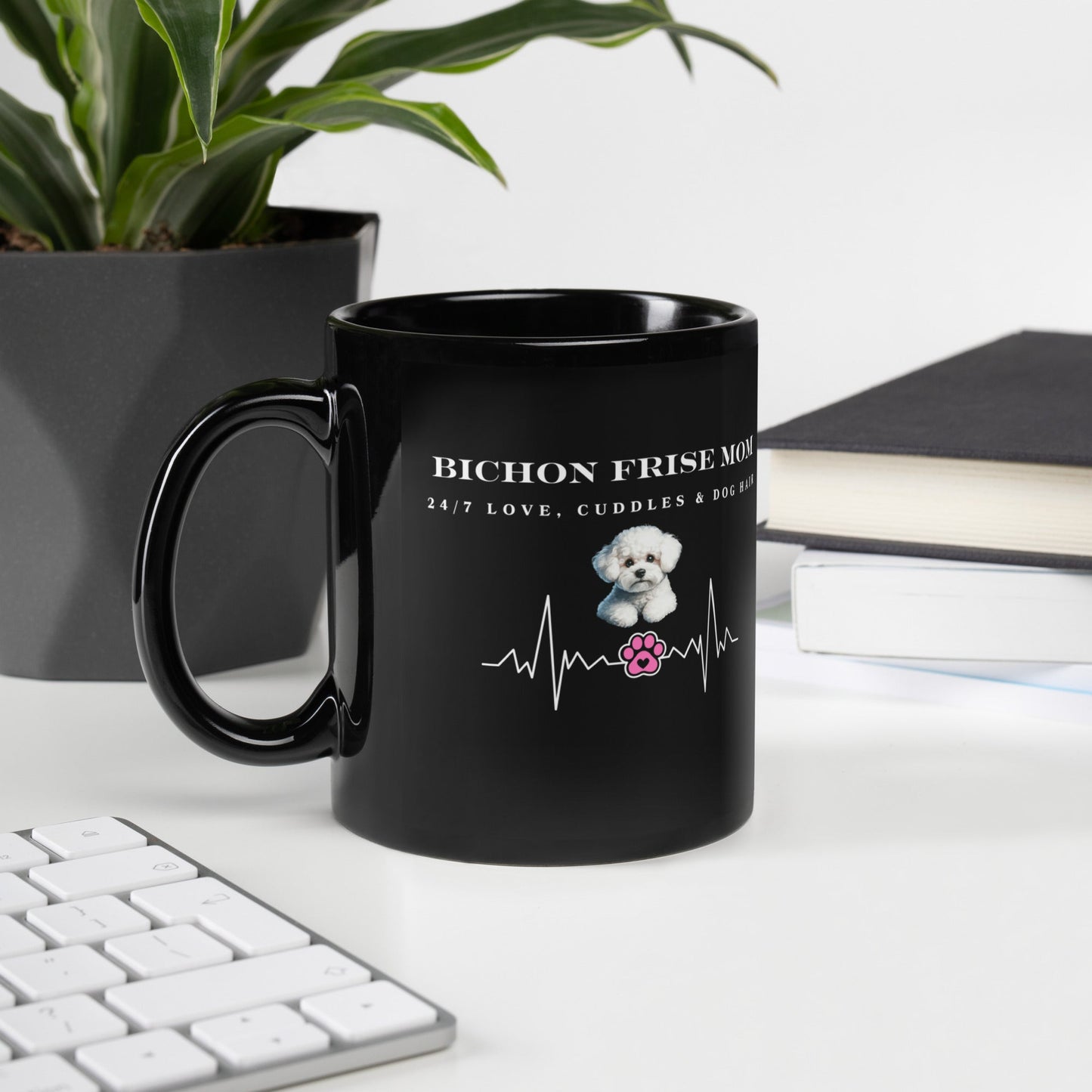 “Black glossy mug with white ‘Bichon Mom: 24/7 Love, Cuddles & Dog Hair’ text and cute Bichon Frise dog illustration – perfect Mother’s Day gift for dog moms and Bichon Frise owners.”