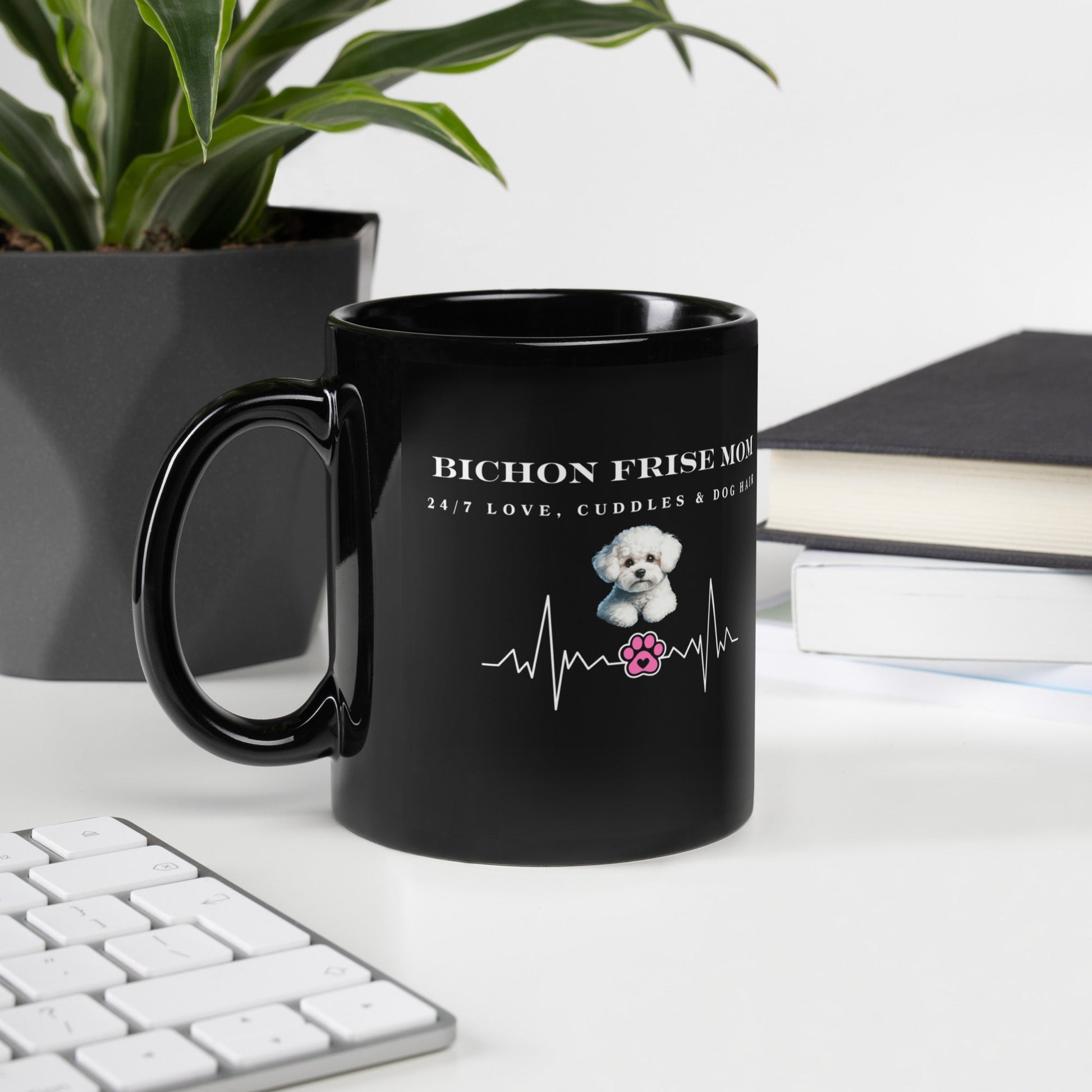 “Black glossy mug with white ‘Bichon Mom: 24/7 Love, Cuddles & Dog Hair’ text and cute Bichon Frise dog illustration – perfect Mother’s Day gift for dog moms and Bichon Frise owners.”