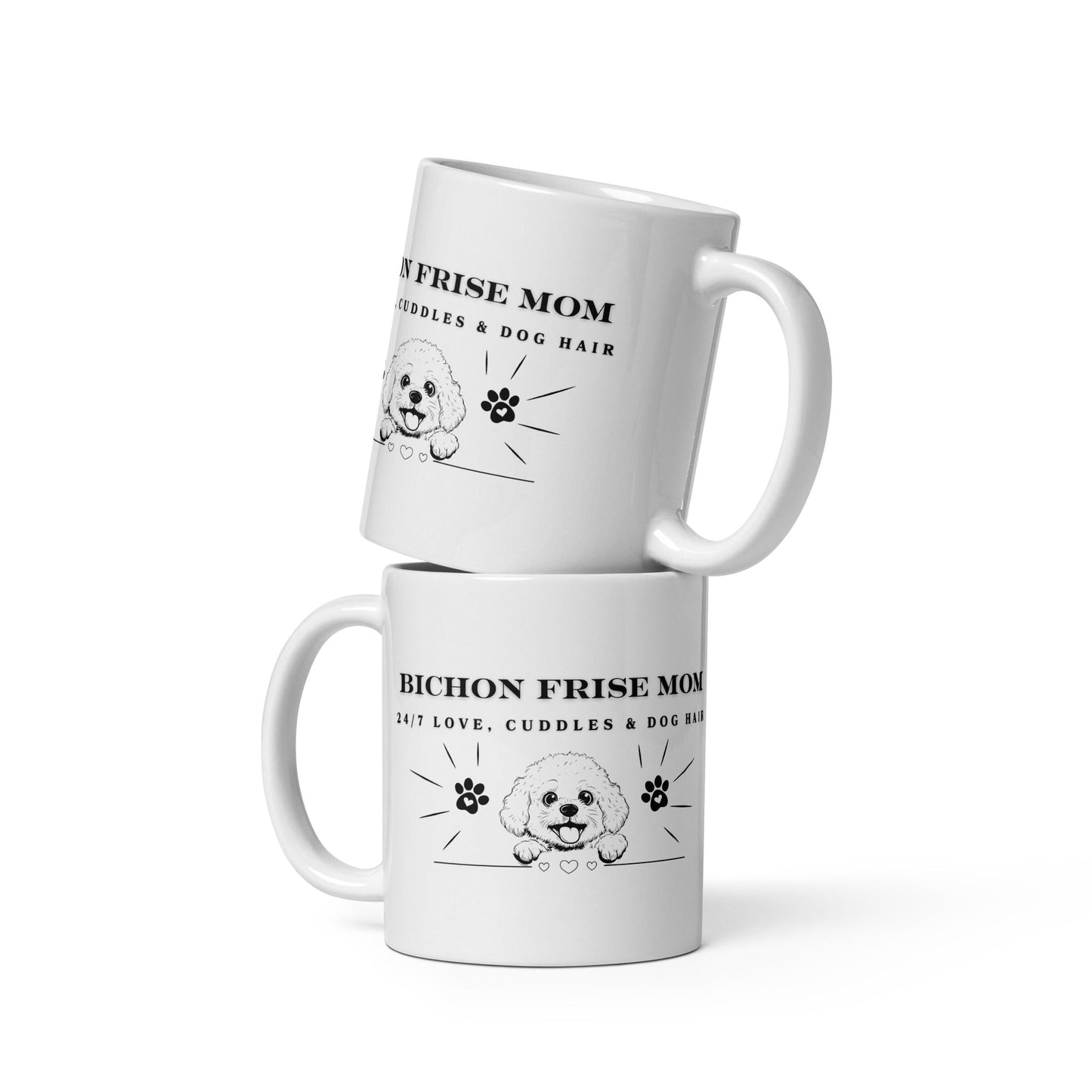 "White glossy mug with 'Bichon Mom: 24/7 Love, Cuddles & Dog Hair' text, black paw print design and cute dog illustration – perfect Mother’s Day gift for Bichon Frise dog owners"
