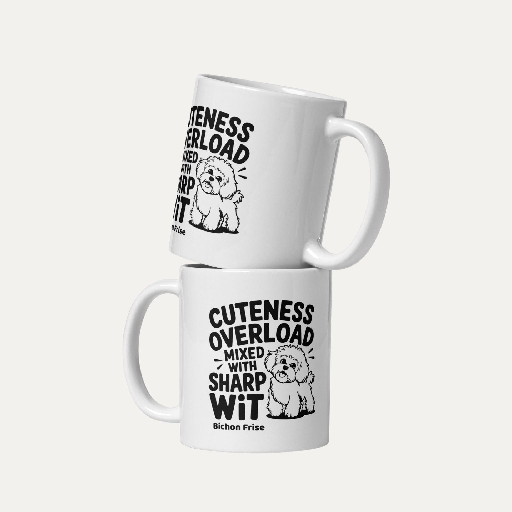 Two white ceramic mugs with the design Cuteness Overload Mixed With Sharp Wit featuring a cute Bichon Frise illustration – funny gift for dog lovers