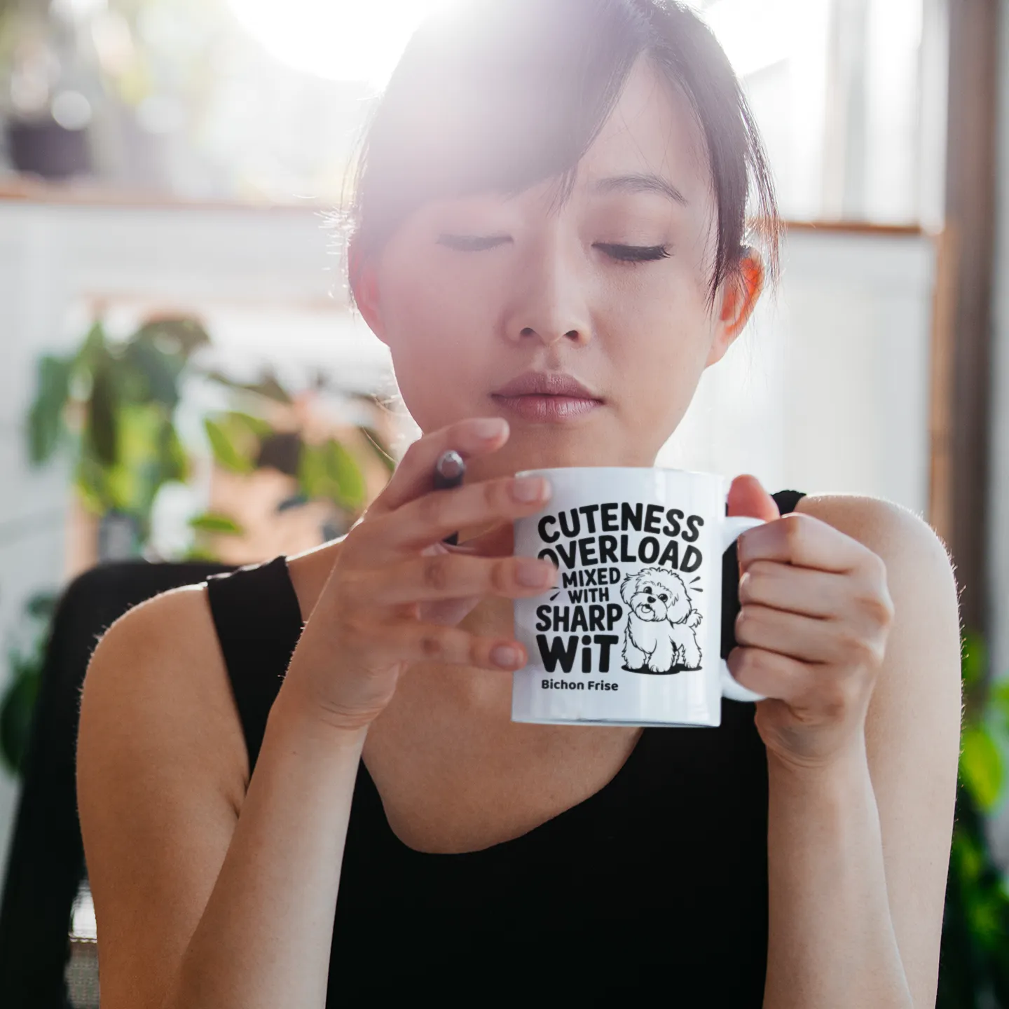 Young woman holding a white mug with the text Cuteness Overload Mixed With Sharp Wit and a Bichon Frise illustration – funny coffee mug for dog lovers