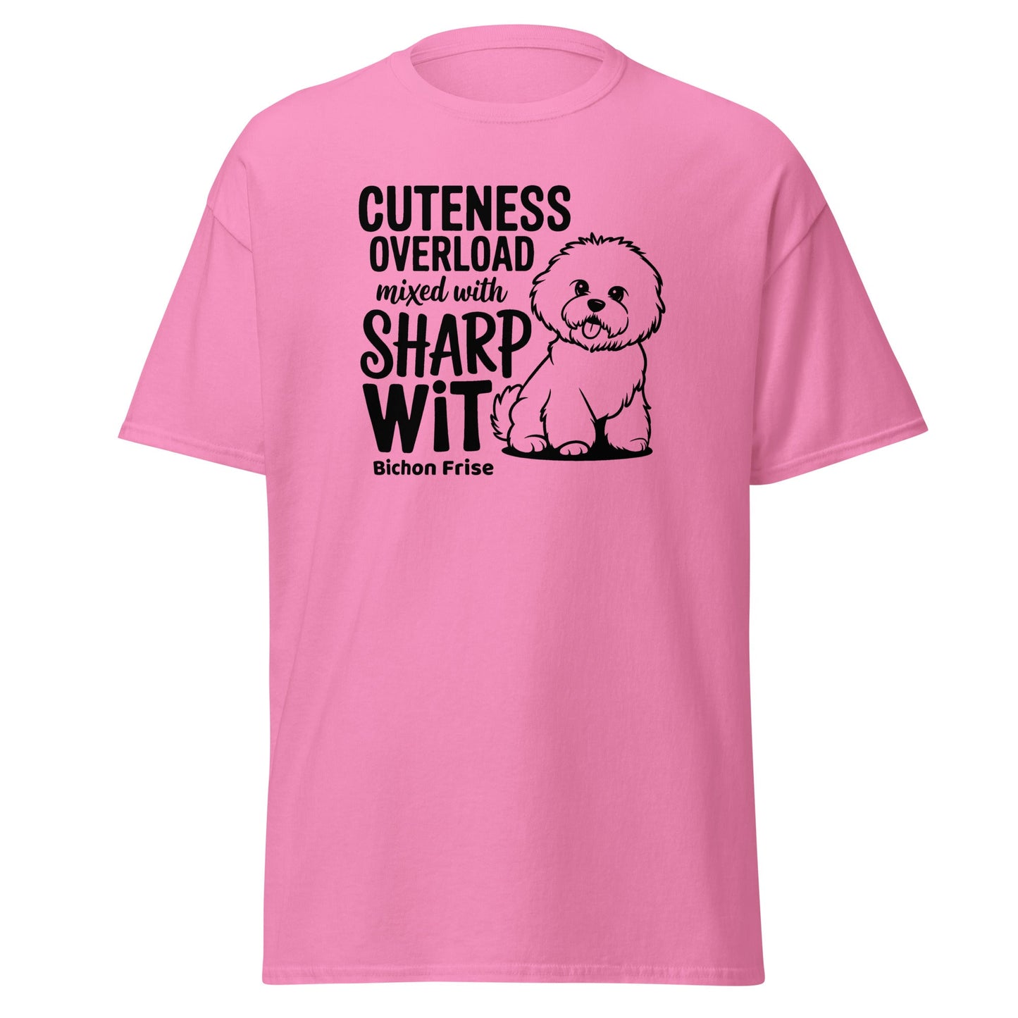 “Unisex black T-shirt with white text ‘Cuteness Overload Mixed With Sharp Wit’ featuring a playful and sarcastic design, perfect for Bichon Frise dog owners and dog lovers. Unique, fun, witty graphic tee for men and women.”