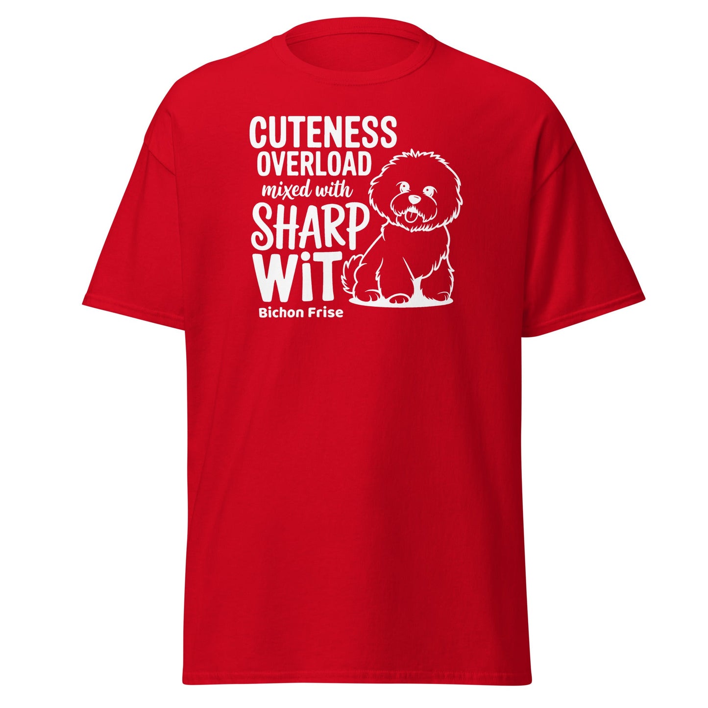 "Unisex T-shirt with bold 'Cuteness Overload Mixed With Sharp Wit' white text - a funny, sarcastic graphic tee perfect for dog lovers, especially Bichon owners, or anyone with a sharp sense of humor."