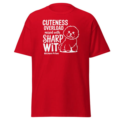 "Unisex T-shirt with bold 'Cuteness Overload Mixed With Sharp Wit' white text - a funny, sarcastic graphic tee perfect for dog lovers, especially Bichon owners, or anyone with a sharp sense of humor."