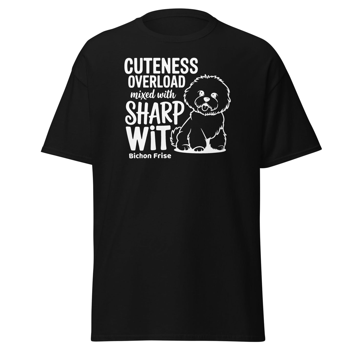 "Unisex T-shirt with bold 'Cuteness Overload Mixed With Sharp Wit' white text - a funny, sarcastic graphic tee perfect for dog lovers, especially Bichon owners, or anyone with a sharp sense of humor."