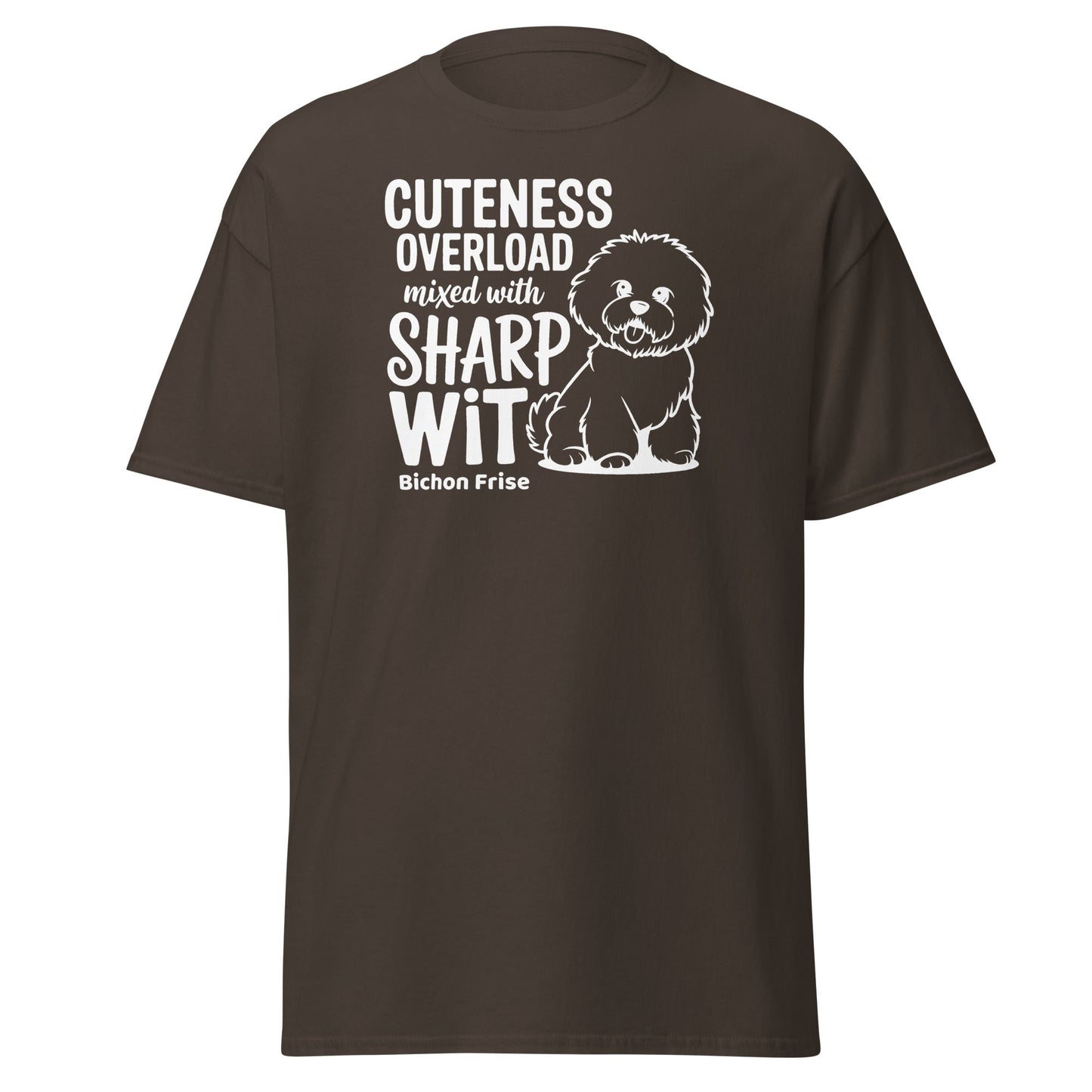 "Unisex T-shirt with bold 'Cuteness Overload Mixed With Sharp Wit' white text - a funny, sarcastic graphic tee perfect for dog lovers, especially Bichon owners, or anyone with a sharp sense of humor."