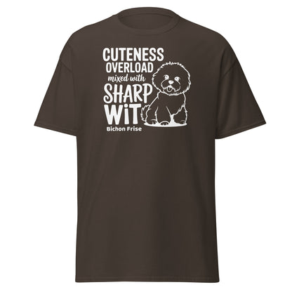 "Unisex T-shirt with bold 'Cuteness Overload Mixed With Sharp Wit' white text - a funny, sarcastic graphic tee perfect for dog lovers, especially Bichon owners, or anyone with a sharp sense of humor."