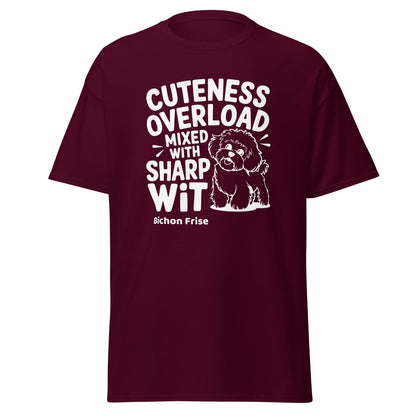 "Unisex white t-shirt with 'Cuteness Overload Mixed With Sharp Wit' text – funny and sarcastic design for Bichon Frise dog lovers and witty pet owners."