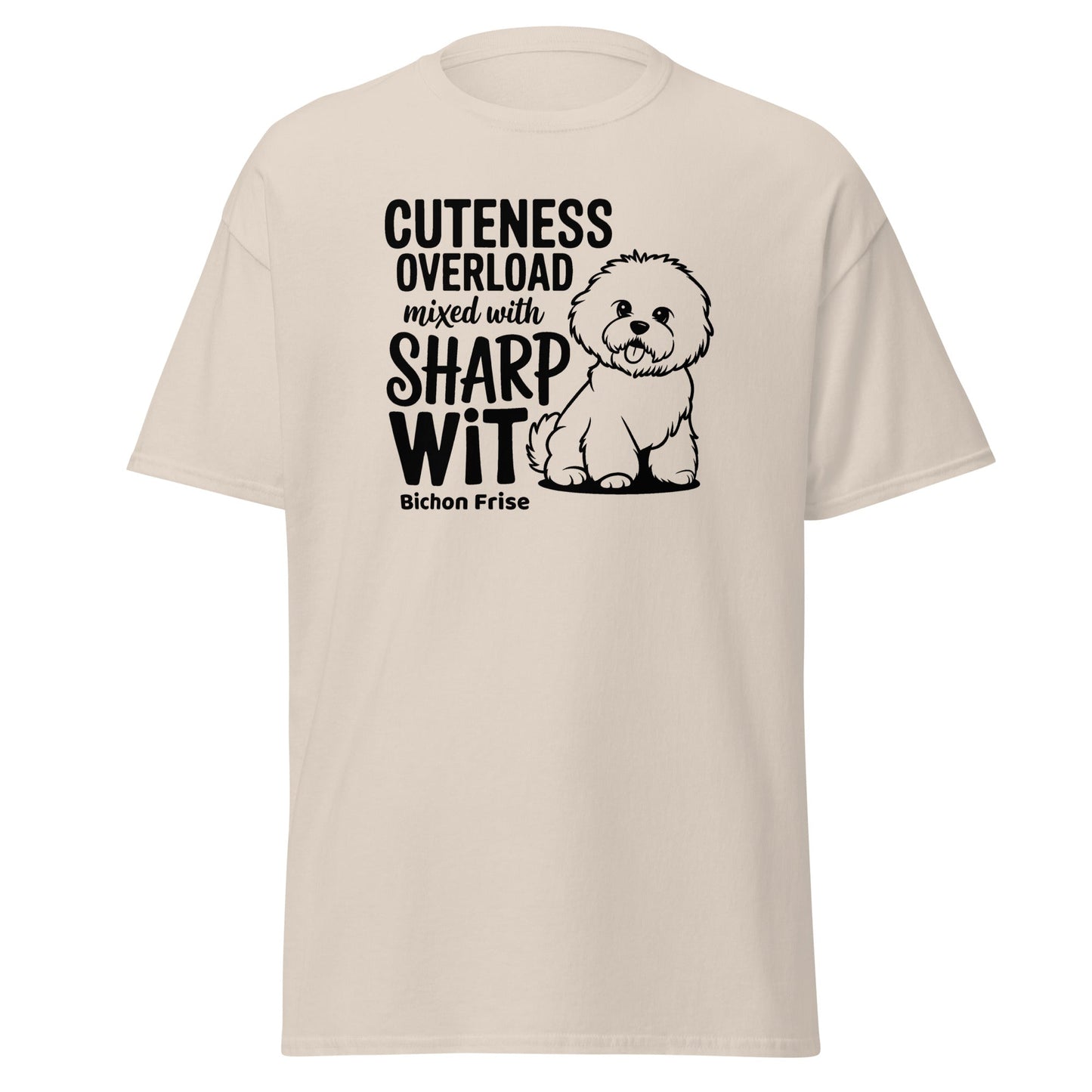 “Unisex black T-shirt with white text ‘Cuteness Overload Mixed With Sharp Wit’ featuring a playful and sarcastic design, perfect for Bichon Frise dog owners and dog lovers. Unique, fun, witty graphic tee for men and women.”