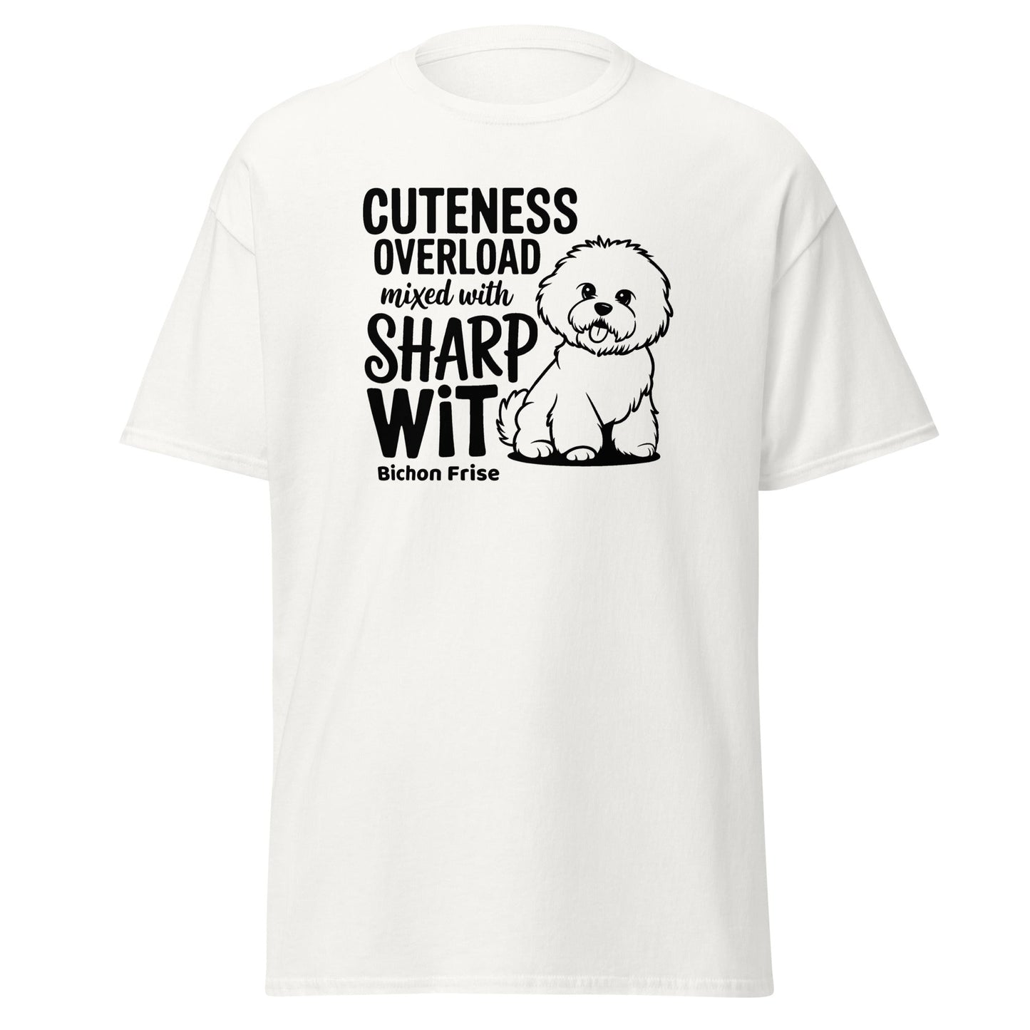 “Unisex black T-shirt with white text ‘Cuteness Overload Mixed With Sharp Wit’ featuring a playful and sarcastic design, perfect for Bichon Frise dog owners and dog lovers. Unique, fun, witty graphic tee for men and women.”