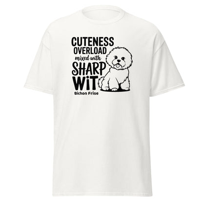 “Unisex black T-shirt with white text ‘Cuteness Overload Mixed With Sharp Wit’ featuring a playful and sarcastic design, perfect for Bichon Frise dog owners and dog lovers. Unique, fun, witty graphic tee for men and women.”