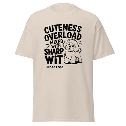 "Cuteness Overload Mixed With Sharp Wit" black text graphic on a funny unisex t-shirt – perfect sarcastic gift for Bichon Frise dog lovers, men and women alike.