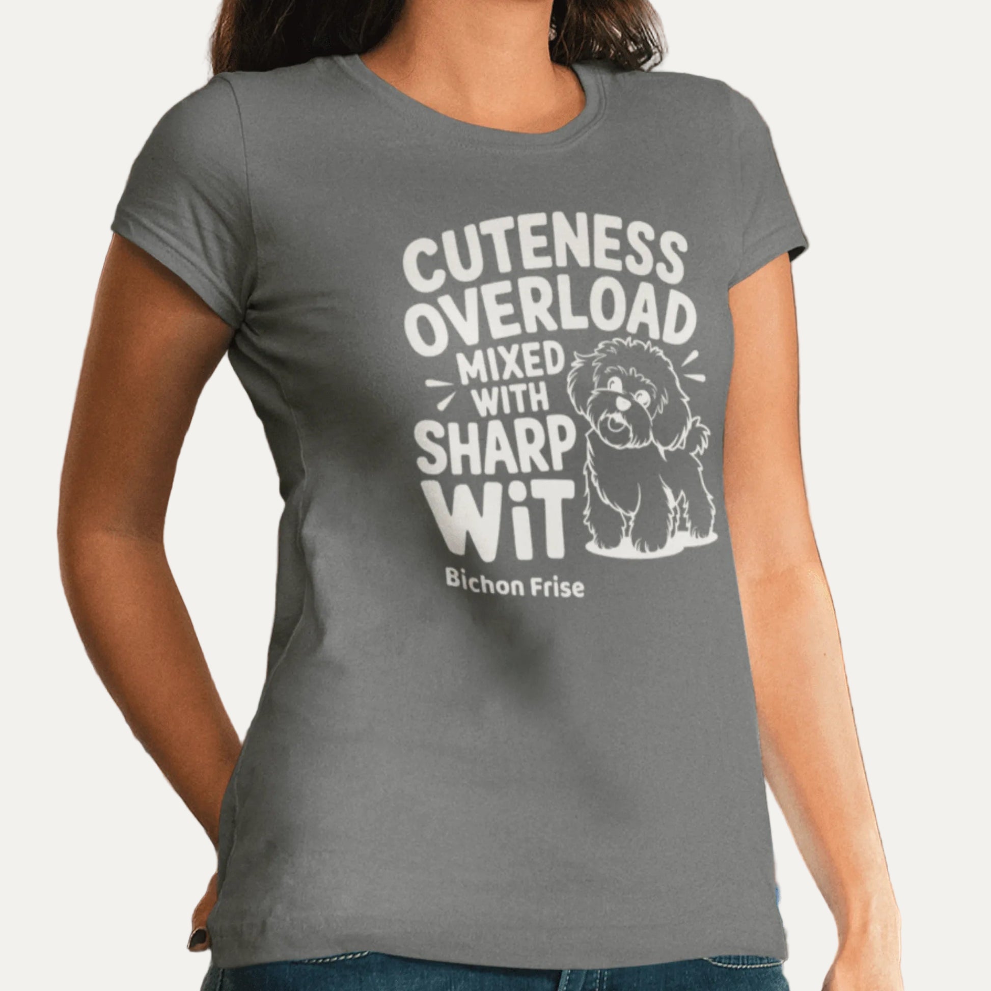 "Unisex white t-shirt with 'Cuteness Overload Mixed With Sharp Wit' text – funny and sarcastic design for Bichon Frise dog lovers and witty pet owners."