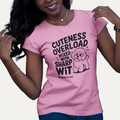 "Cuteness Overload Mixed With Sharp Wit" black text graphic on a funny unisex t-shirt – perfect sarcastic gift for Bichon Frise dog lovers, men and women alike.