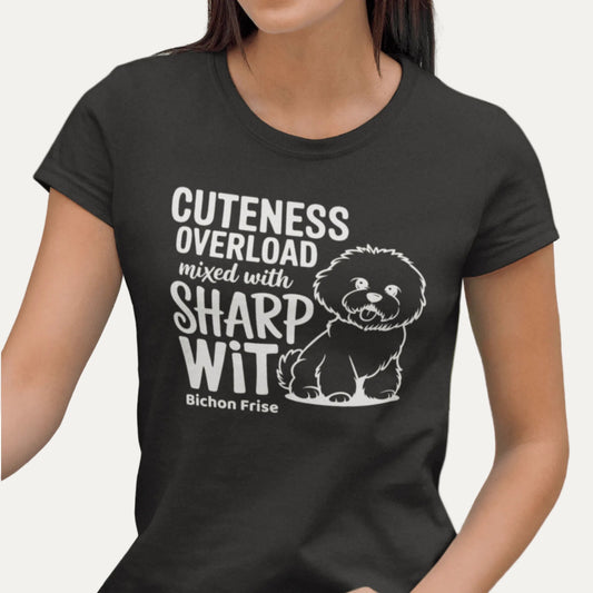 "Unisex T-shirt with bold 'Cuteness Overload Mixed With Sharp Wit' white text - a funny, sarcastic graphic tee perfect for dog lovers, especially Bichon owners, or anyone with a sharp sense of humor."