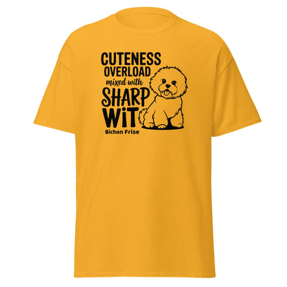 “Unisex black T-shirt with white text ‘Cuteness Overload Mixed With Sharp Wit’ featuring a playful and sarcastic design, perfect for Bichon Frise dog owners and dog lovers. Unique, fun, witty graphic tee for men and women.”
