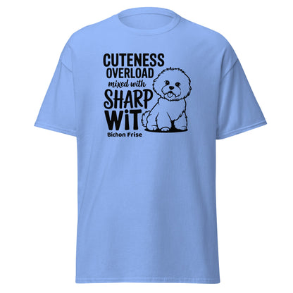 “Unisex black T-shirt with white text ‘Cuteness Overload Mixed With Sharp Wit’ featuring a playful and sarcastic design, perfect for Bichon Frise dog owners and dog lovers. Unique, fun, witty graphic tee for men and women.”
