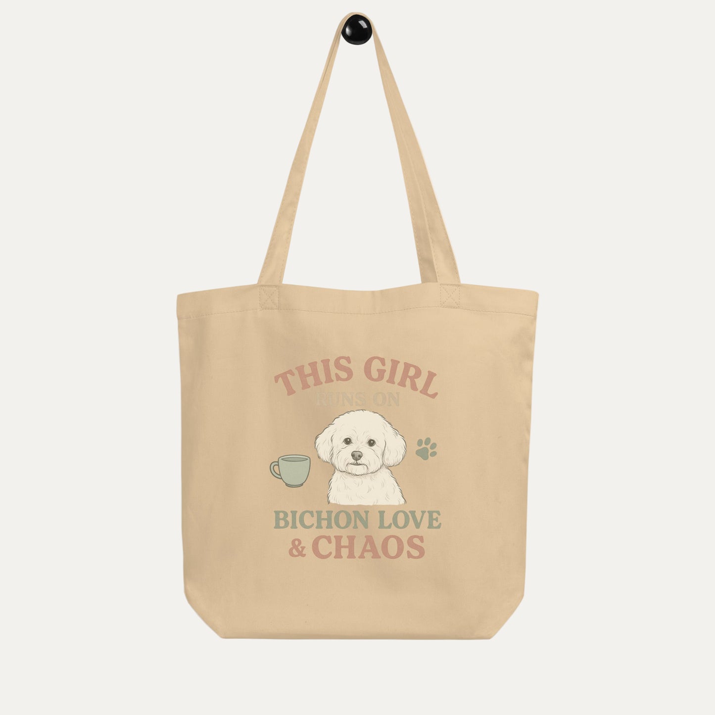 Beige eco tote bag with funny Bichon Frise dog illustration and text This Girl Runs on Bichon Love & Chaos