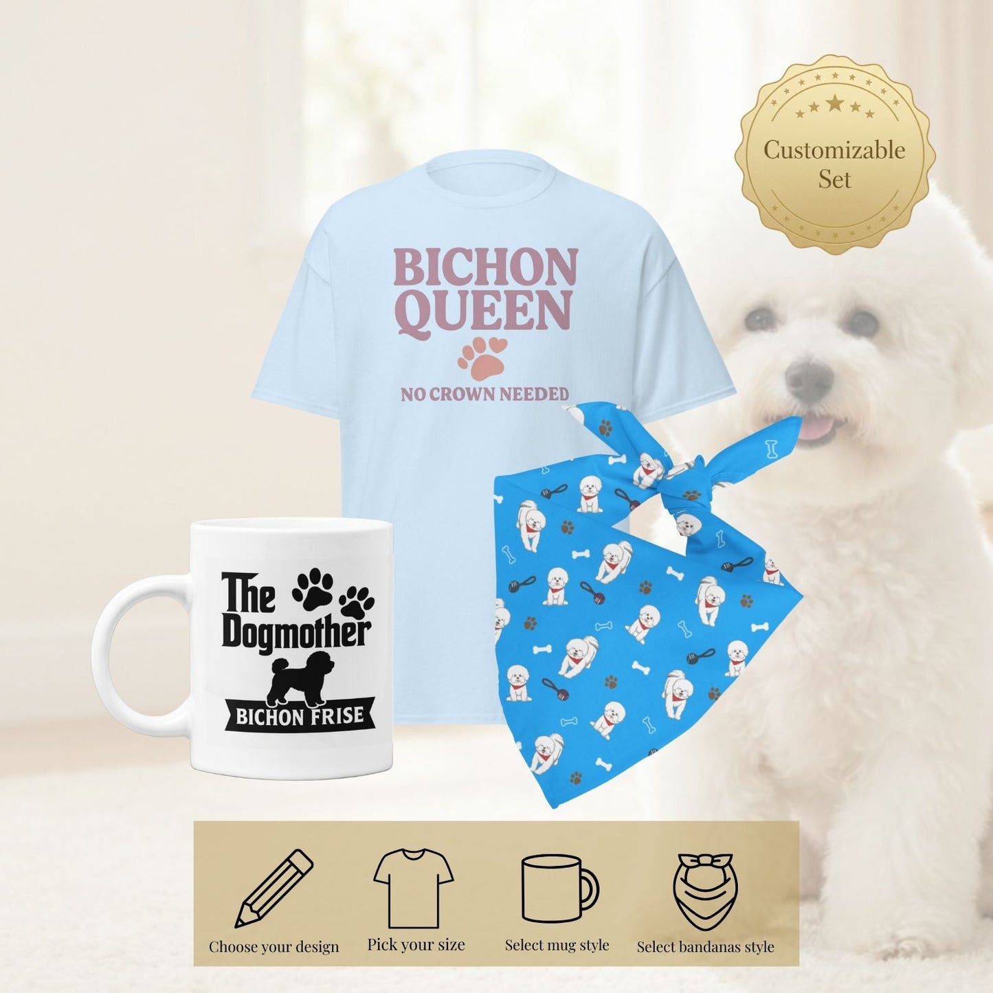 Customizable Bichon Frise lifestyle set showing selectable designs and sizes