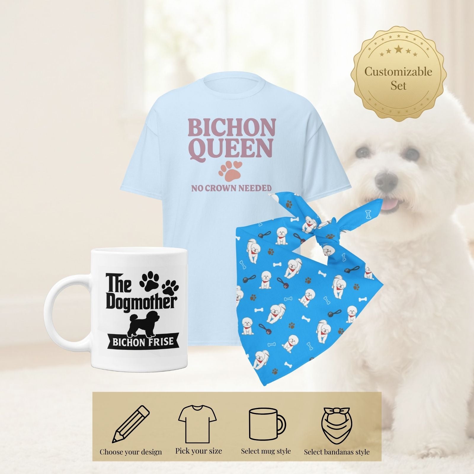 Customizable Bichon Frise lifestyle set showing selectable designs and sizes