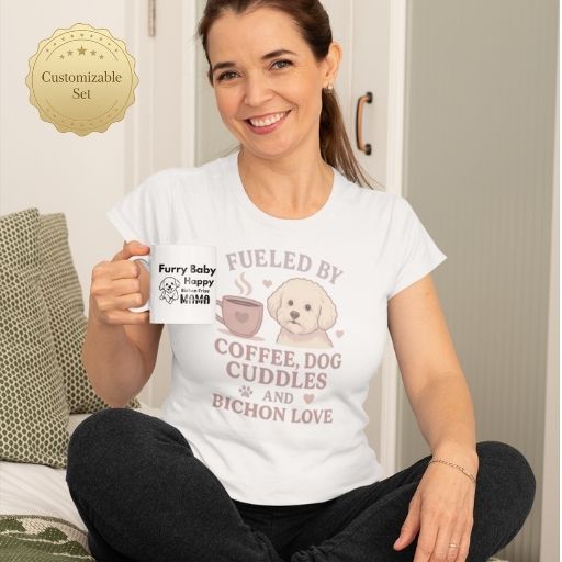 Woman enjoying coffee wearing a Bichon Frise T-shirt and matching mug from the Everyday Sip Set