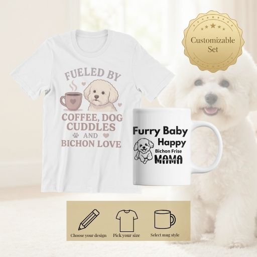 Customizable Everyday Sip Set showing selectable Bichon Frise T-shirt design and matching mug style