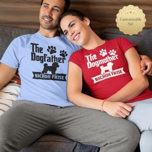 People wearing Bichon Frise T-shirts from the Everyday Wear Set in a relaxed home setting