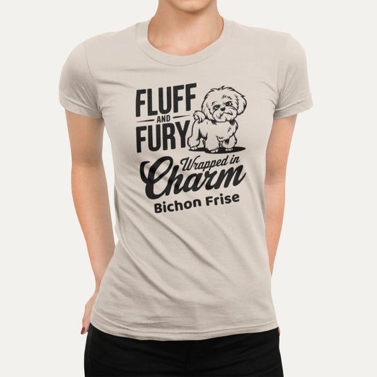 Fluff and Fury wrapped in charm – Bichon Frise funny dog T-shirt in beige, adorable gift for dog moms and Bichon lovers