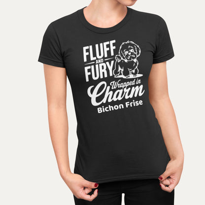 Fluff and Fury wrapped in charm – Bichon Frise funny dog T-shirt in black, perfect gift for dog lovers and Bichon owners