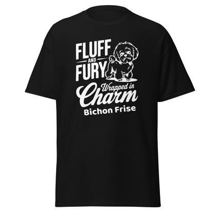 "Fluff And Fury Wrapped In Charm - Unisex Bichon Frise T-Shirt with white sarcastic text and cute dog illustration, stylish shirt for Bichon Frise dog owners and dog lovers, comfortable casual wear for men and women."
