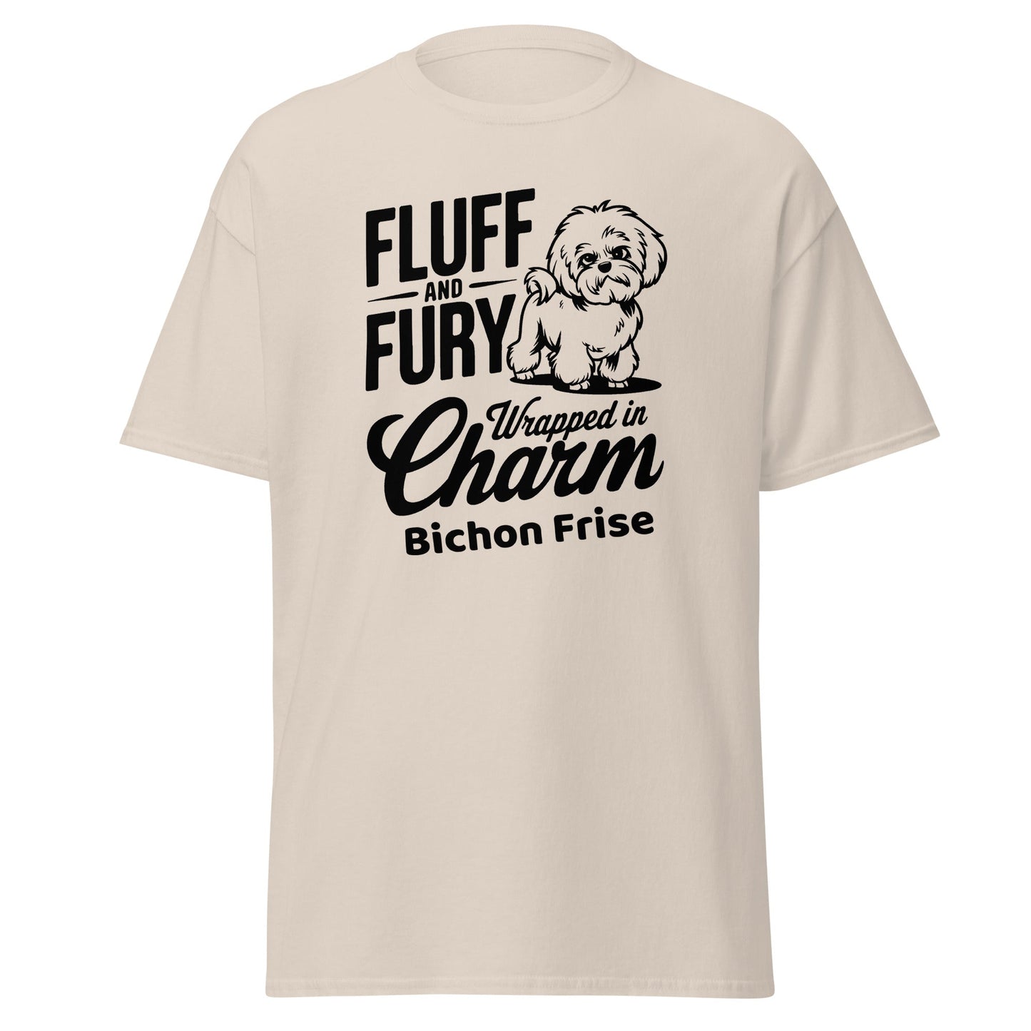 "Unisex black T-shirt with sarcastic black text 'Fluff And Fury Wrapped In Charm' featuring a cute Bichon Frise dog illustration, perfect for Bichon Frise dog lovers and owners."
