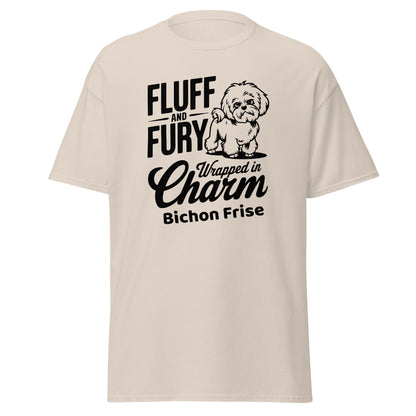 "Unisex black T-shirt with sarcastic black text 'Fluff And Fury Wrapped In Charm' featuring a cute Bichon Frise dog illustration, perfect for Bichon Frise dog lovers and owners."