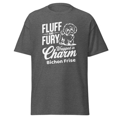 "Fluff And Fury Wrapped In Charm - Unisex Bichon Frise T-Shirt with white sarcastic text and cute dog illustration, stylish shirt for Bichon Frise dog owners and dog lovers, comfortable casual wear for men and women."