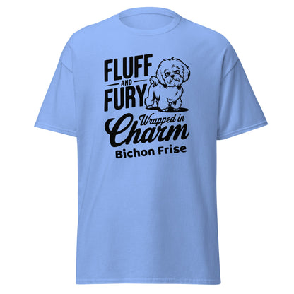 "Unisex black T-shirt with sarcastic black text 'Fluff And Fury Wrapped In Charm' featuring a cute Bichon Frise dog illustration, perfect for Bichon Frise dog lovers and owners."