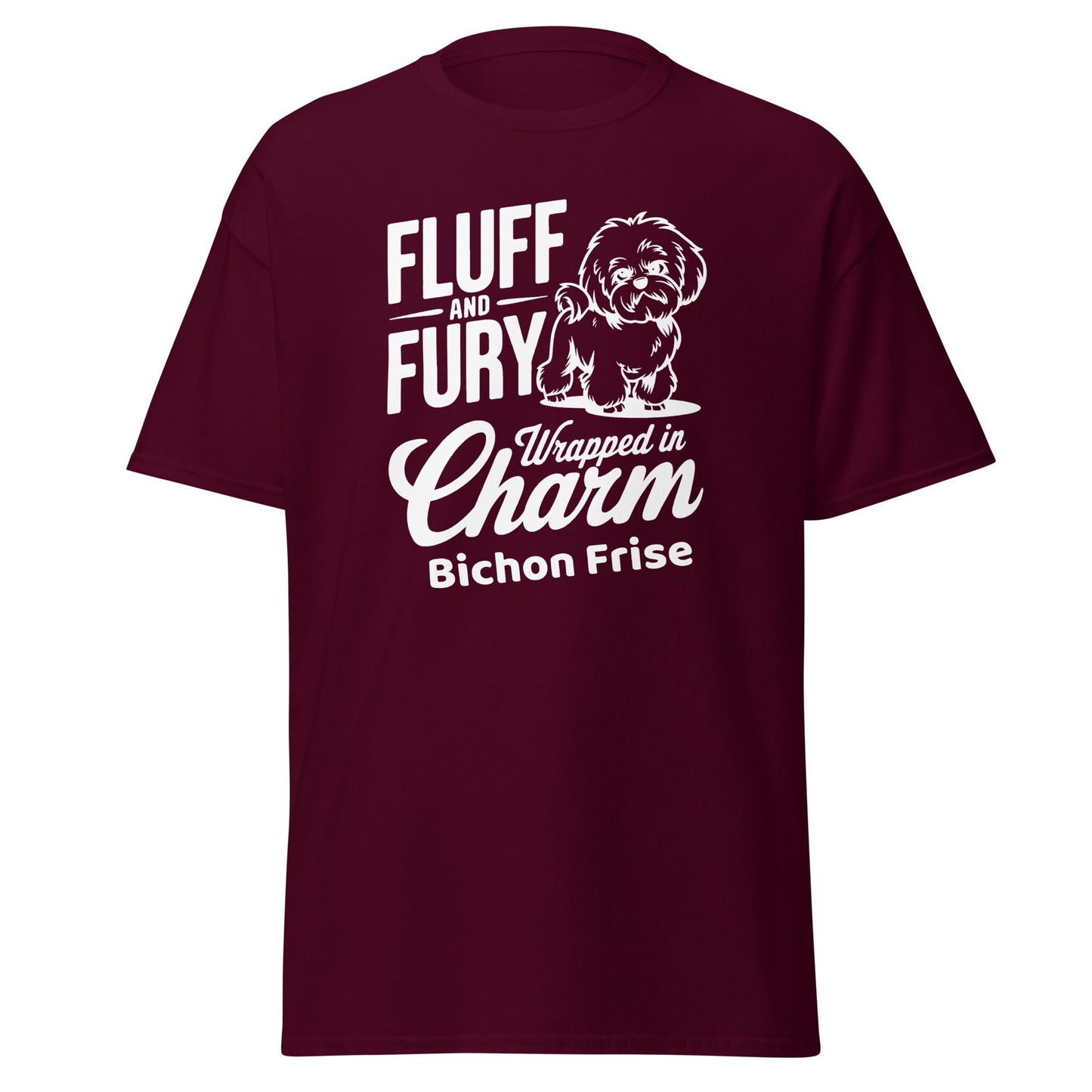 "Fluff And Fury Wrapped In Charm - Unisex Bichon Frise T-Shirt with white sarcastic text and cute dog illustration, stylish shirt for Bichon Frise dog owners and dog lovers, comfortable casual wear for men and women."