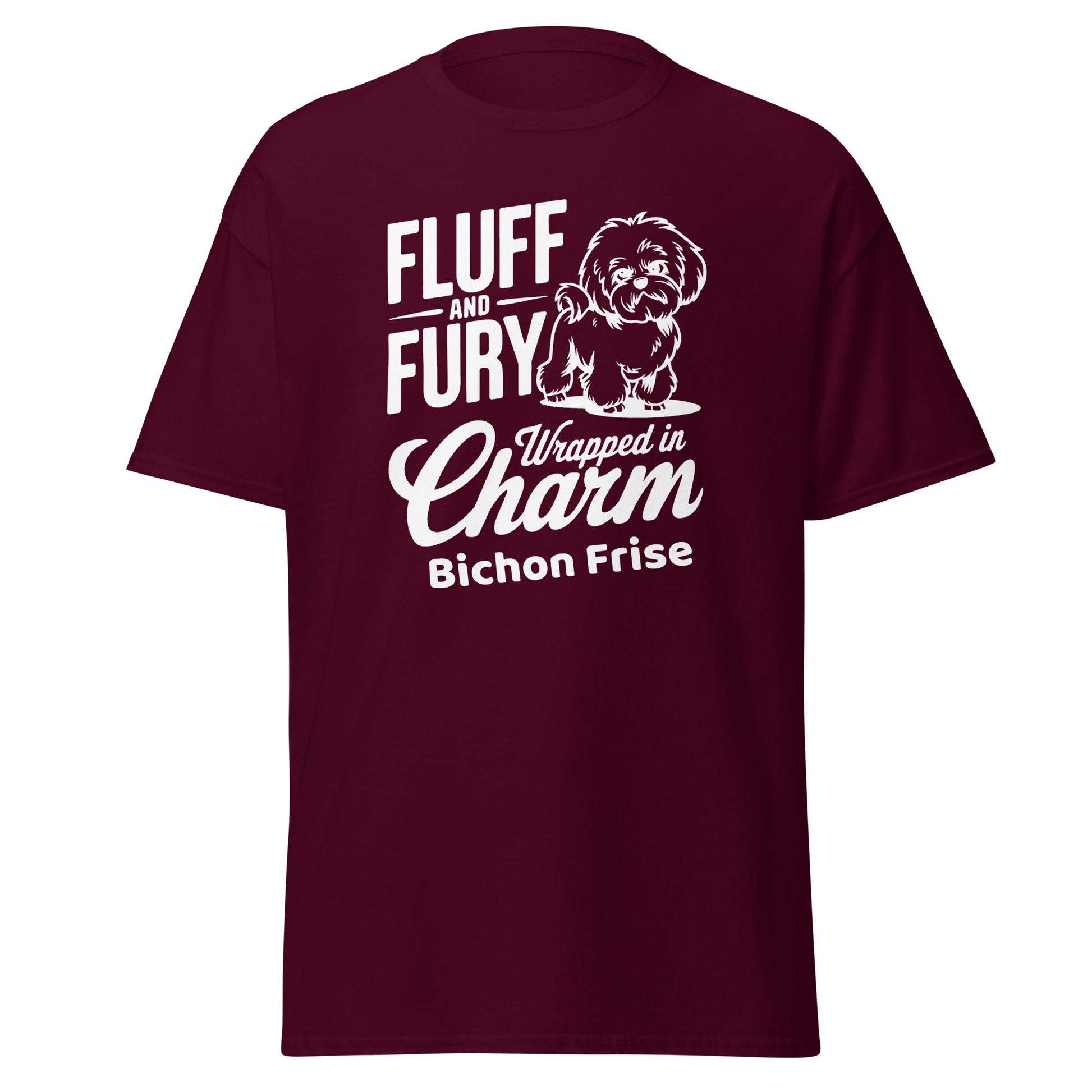 "Fluff And Fury Wrapped In Charm - Unisex Bichon Frise T-Shirt with white sarcastic text and cute dog illustration, stylish shirt for Bichon Frise dog owners and dog lovers, comfortable casual wear for men and women."