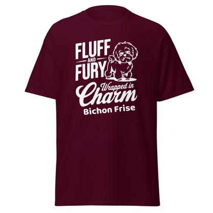 "Fluff And Fury Wrapped In Charm - Unisex Bichon Frise T-Shirt with white sarcastic text and cute dog illustration, stylish shirt for Bichon Frise dog owners and dog lovers, comfortable casual wear for men and women."