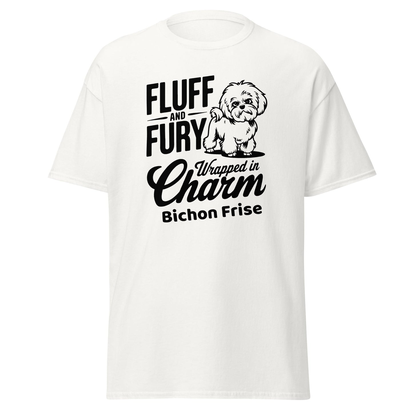 "Unisex black T-shirt with sarcastic black text 'Fluff And Fury Wrapped In Charm' featuring a cute Bichon Frise dog illustration, perfect for Bichon Frise dog lovers and owners."