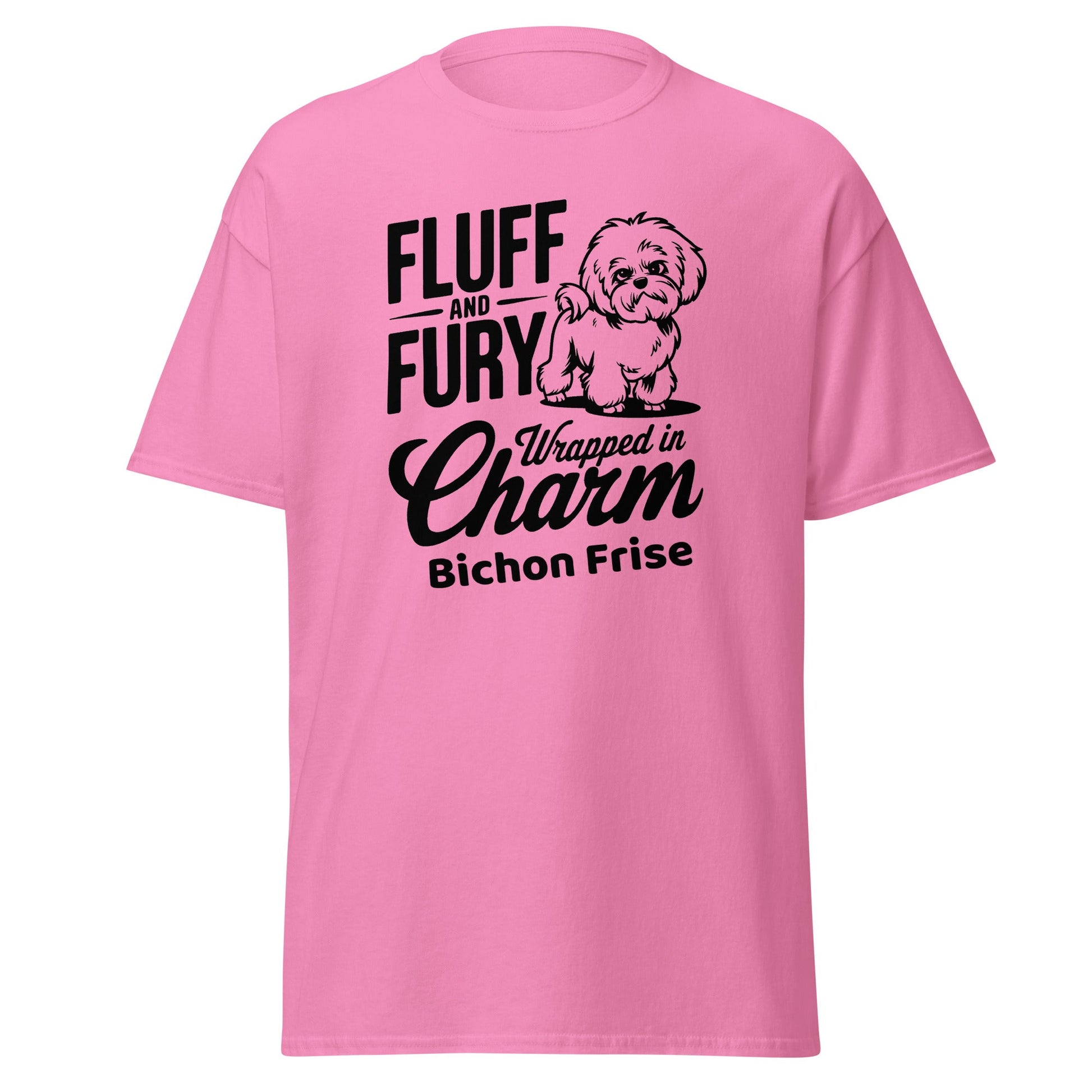 "Unisex black T-shirt with sarcastic black text 'Fluff And Fury Wrapped In Charm' featuring a cute Bichon Frise dog illustration, perfect for Bichon Frise dog lovers and owners."
